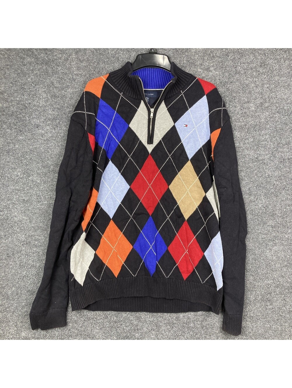 Tommy Hilfiger Mens 2XL Black Argyle 1/4 Zip Pullover 100% Cotton Sweater